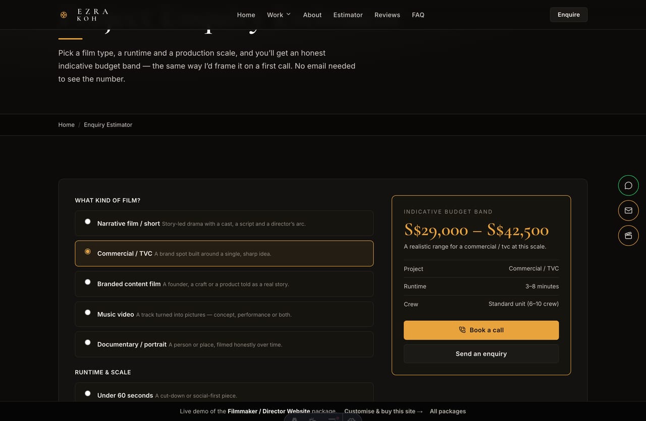 Interactive project enquiry estimator on a Singapore film director portfolio website