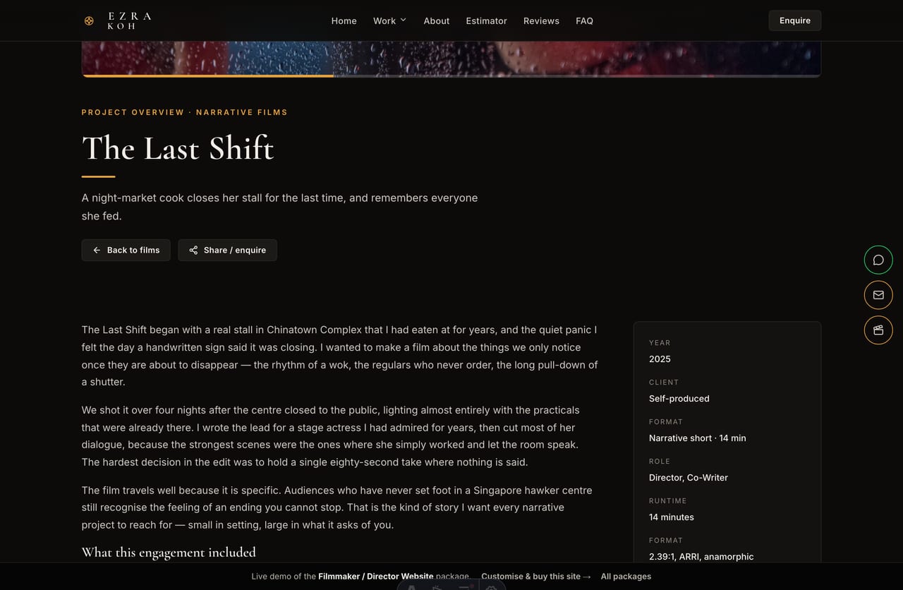 Single film case-study page with full-bleed poster player on a director portfolio