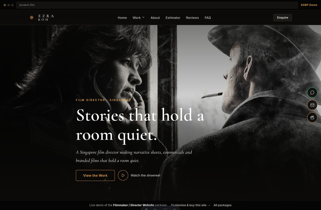 Ezra Koh film director portfolio homepage demo — full-bleed showreel hero and selected films (Singapore)