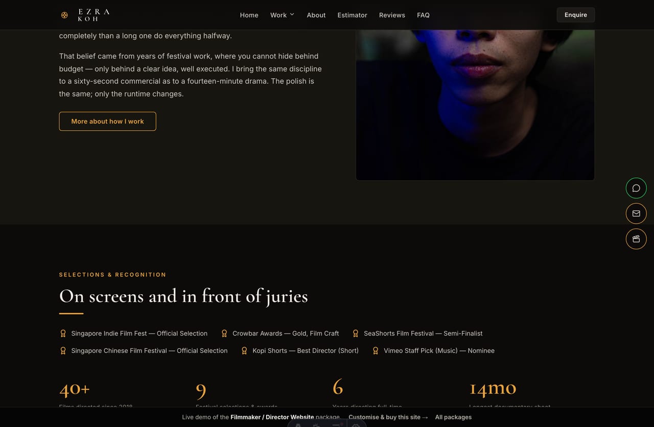 Festival laurels and recognition band on a film director portfolio in Singapore