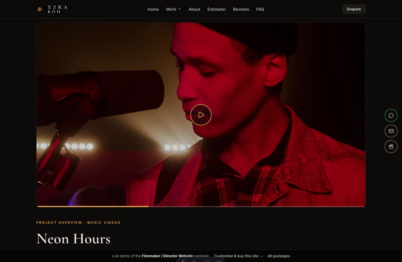 Full-bleed showreel poster player on a Singapore filmmaker portfolio website