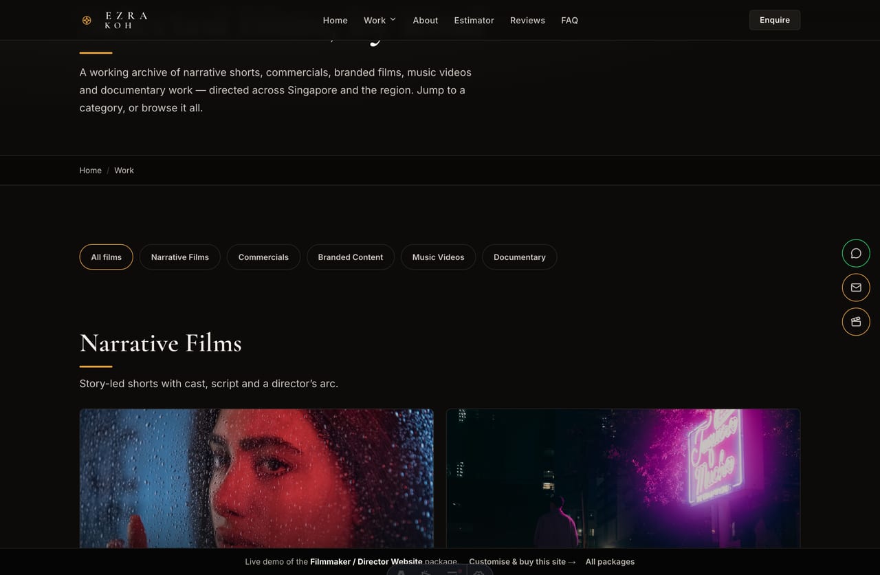 Category-grouped work index on a Singapore film director portfolio website