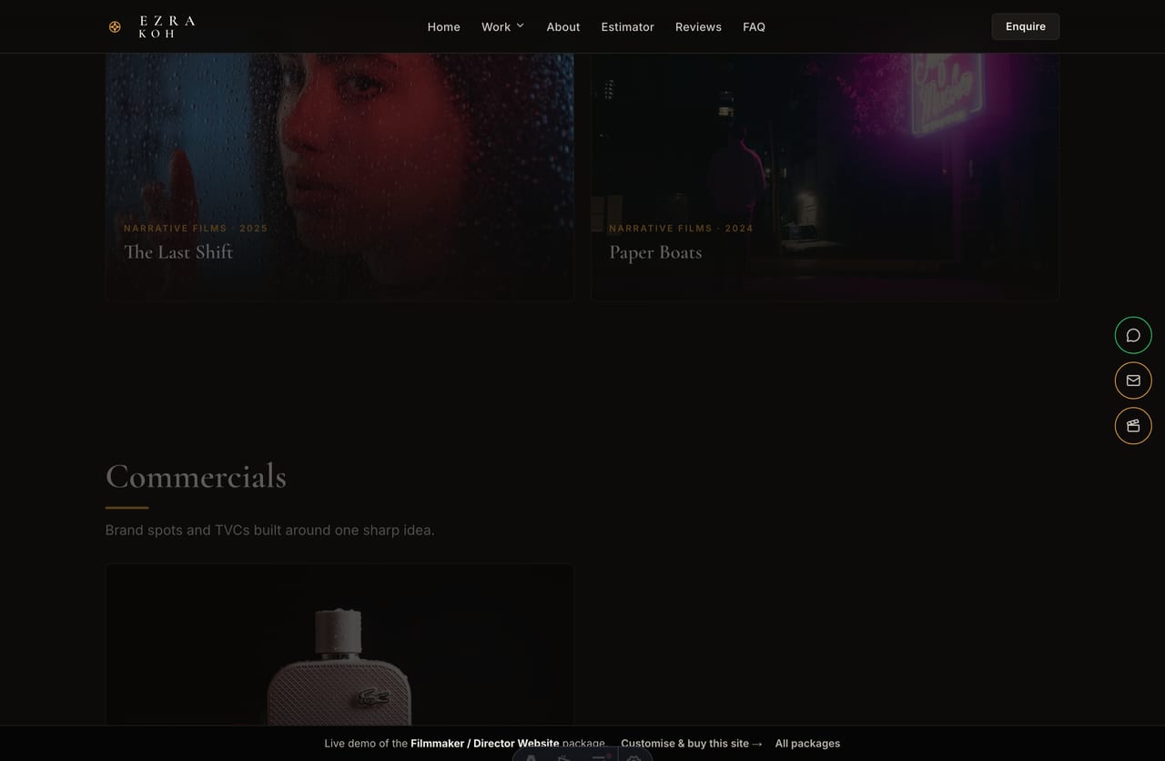 Hover-reveal film cards on a director portfolio work grid in Singapore