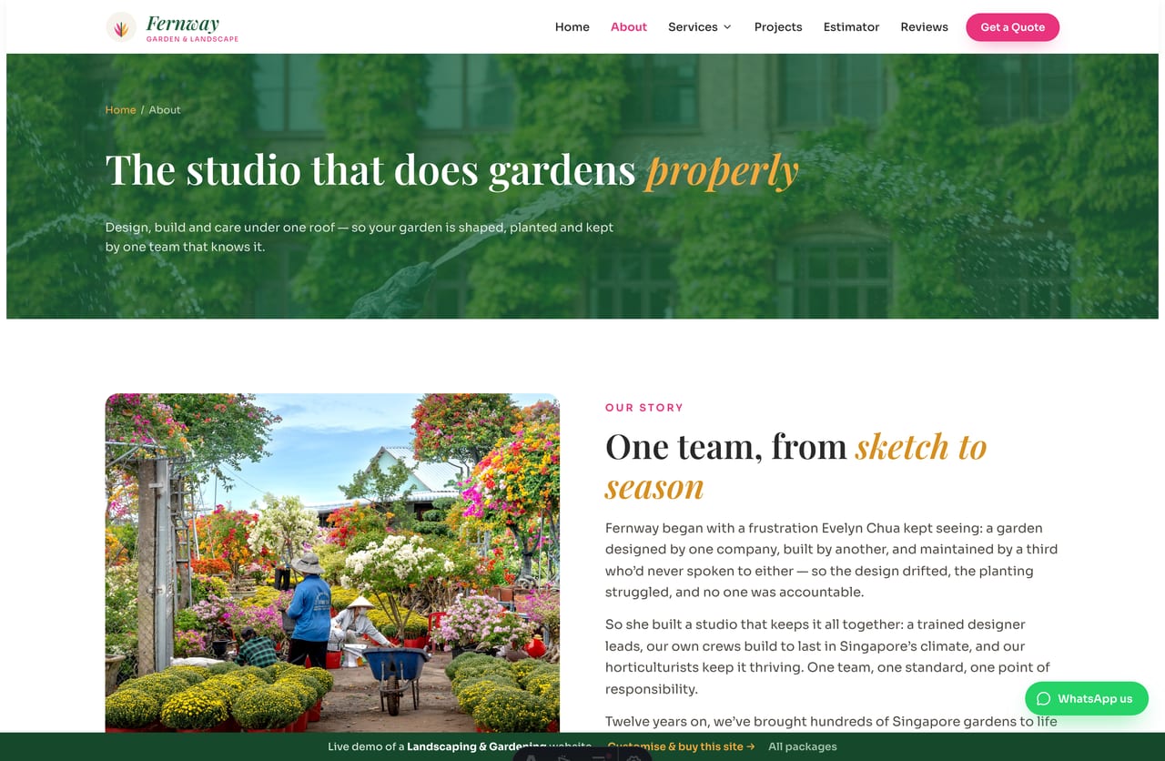 The About page for a Singapore landscaping studio — founder story, stats band, the team and reviews