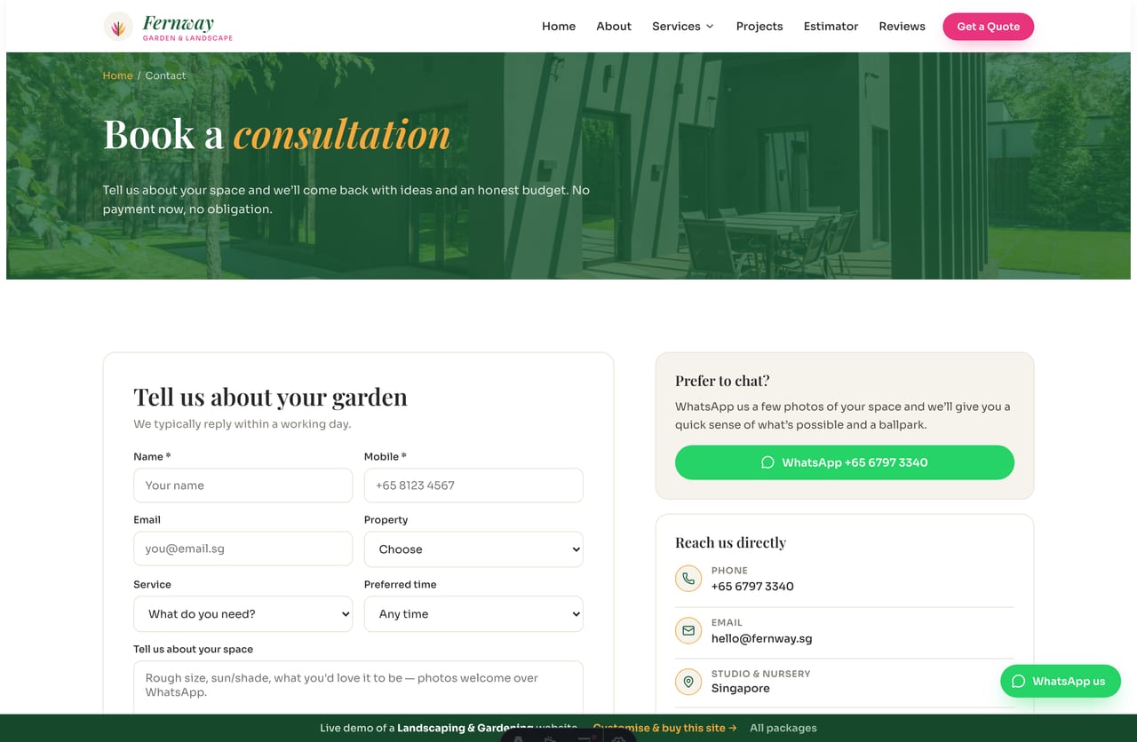 Book-a-consultation page on the Fernway demo — a PDPA-aware enquiry form with property type, service and time