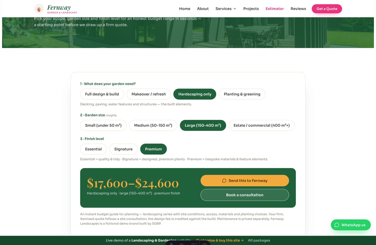 Garden Project Estimator result on a Singapore landscaping site — a live budget range from scope, size and finish, with a WhatsApp CTA