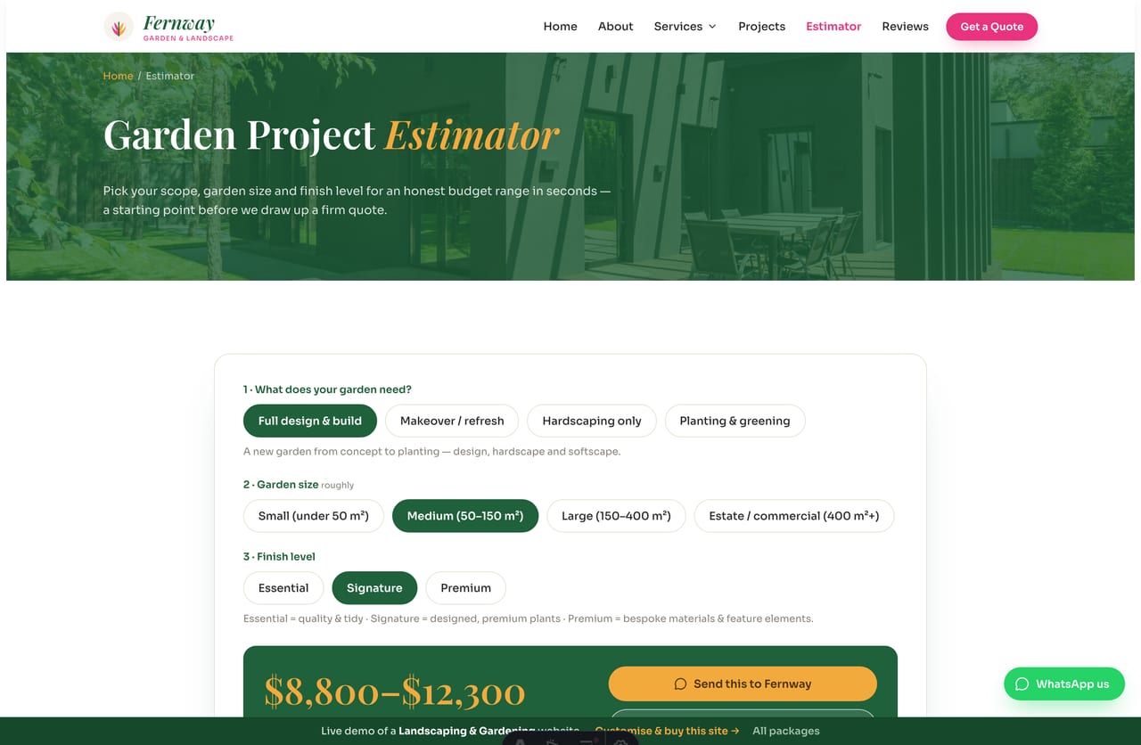 The interactive Garden Project Estimator on the Fernway demo — pick scope, garden size and finish for a budget range