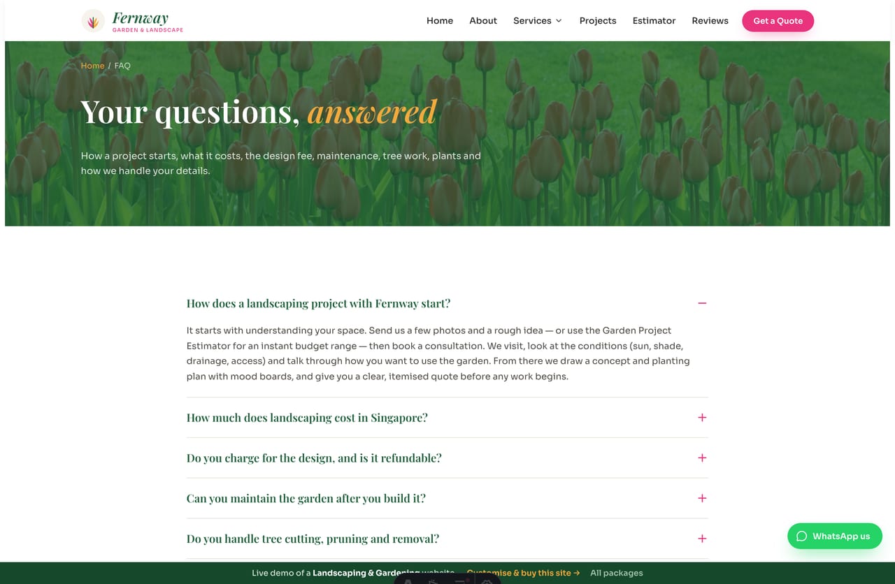 FAQ page on the Fernway demo — an accordion answering common landscaping questions