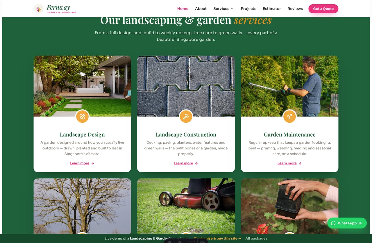 The green service band on the Fernway homepage — white cards with gold circle icons and serif titles
