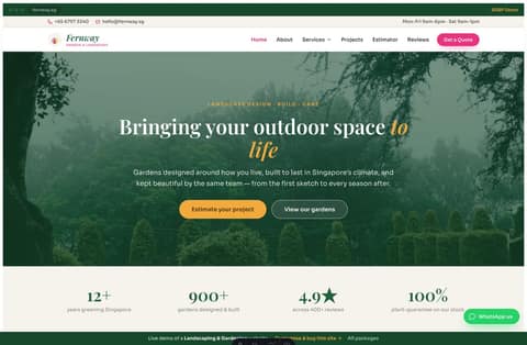 Fernway landscaping Singapore website homepage demo — a pink, green and gold garden site with a full-bleed serif hero and a green service band