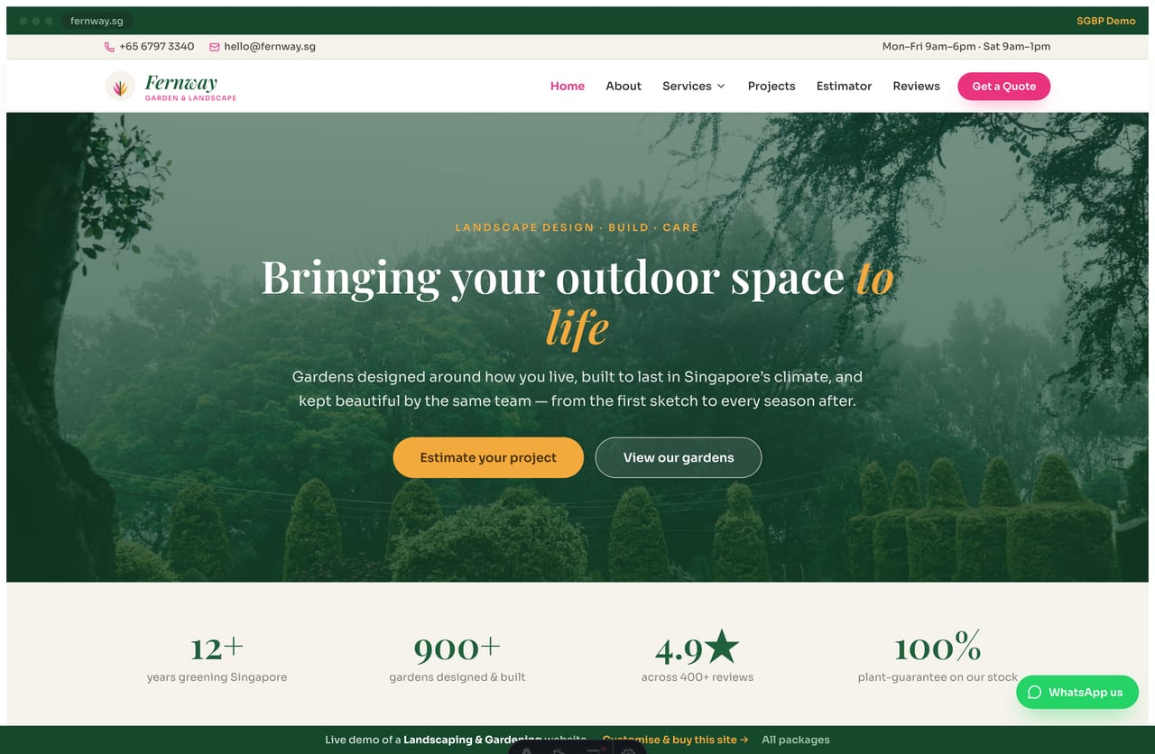 Fernway landscaping Singapore website homepage demo — a pink, green and gold garden site with a full-bleed serif hero and a green service band