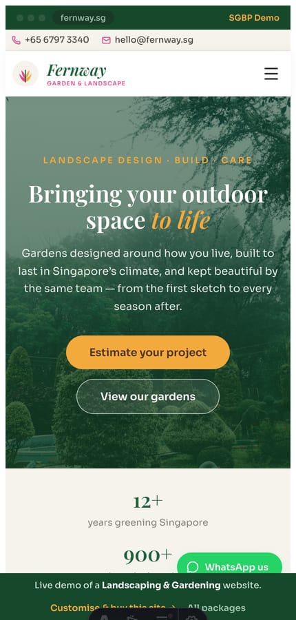 The Fernway landscaping website on mobile — the serif hero and pill buttons at 430px