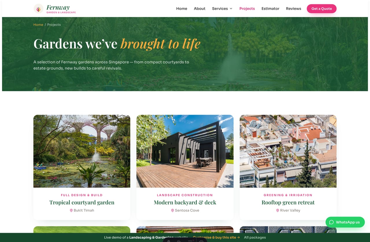 Projects page on the Fernway demo — a gallery of Singapore landscaping projects with scope and area labels