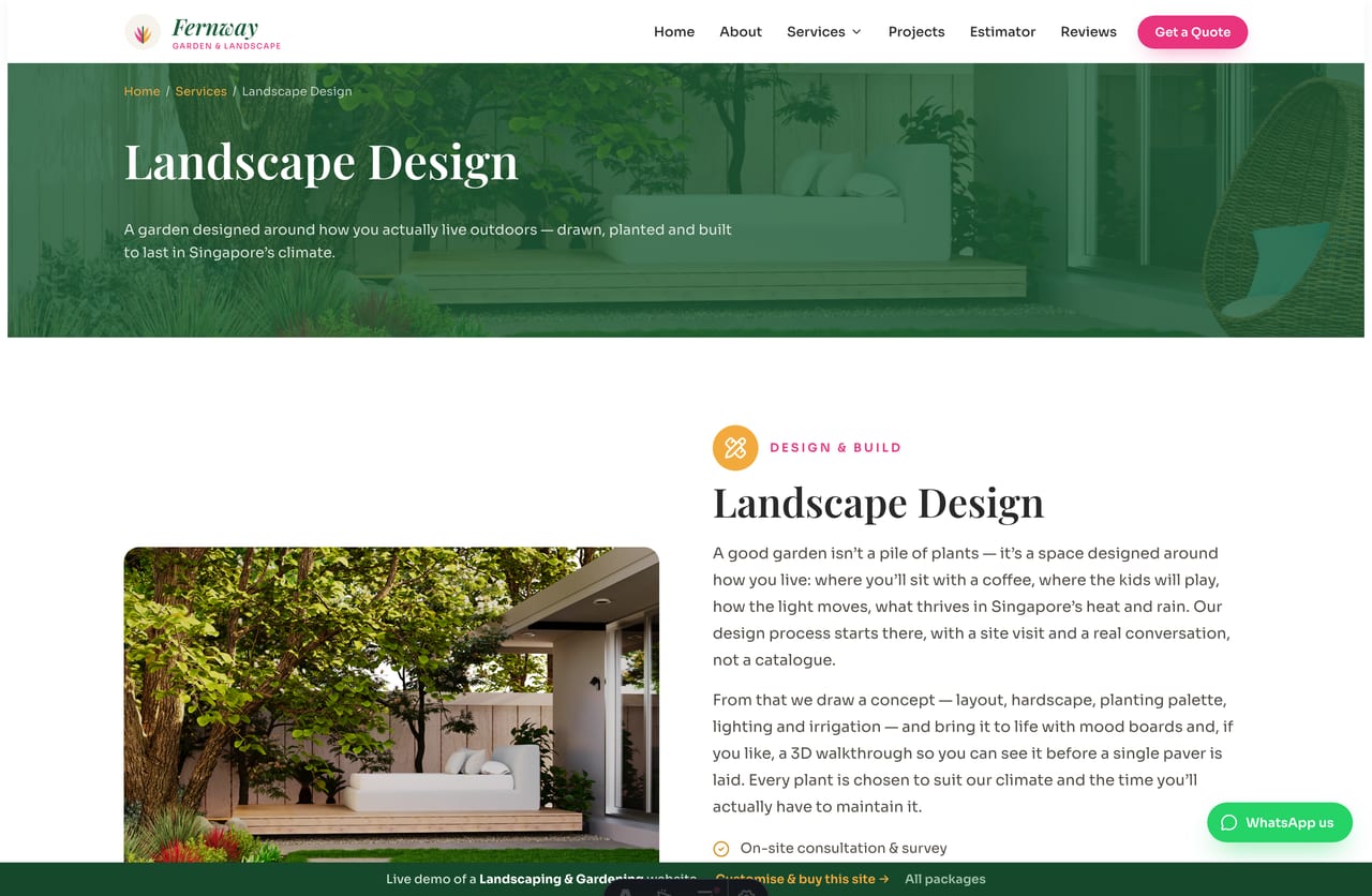 A service detail page on the Fernway demo — a green photo banner, a 2-column image/content block and gold-check bullets