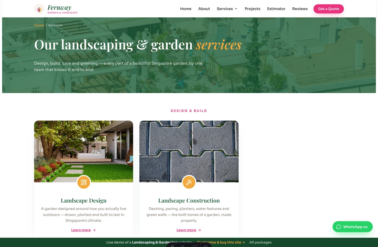 Services page on the Fernway demo — design, construction, maintenance, tree care, turfing, planting and green walls as photo cards