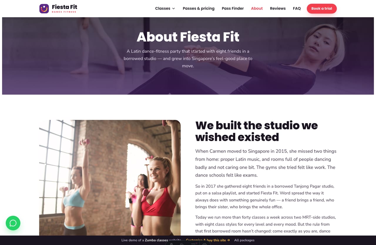The About page for a Singapore Zumba studio — founder story, stats band and studio locations