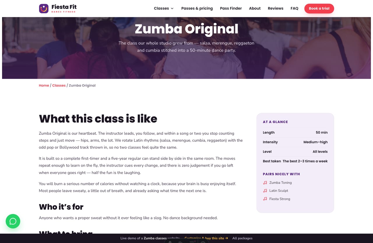 A class detail page on the Fiesta Fit demo — a dark photo banner and an at-a-glance sidebar article