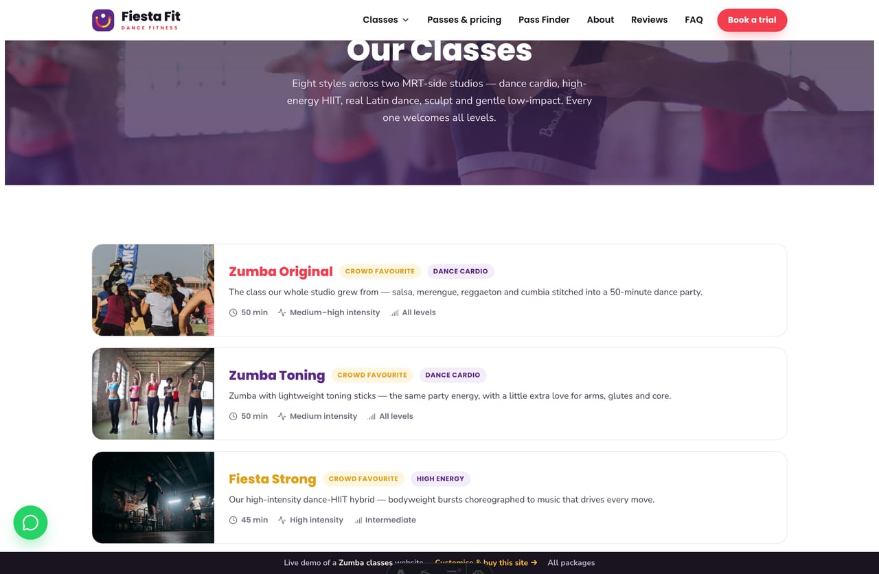 Classes page on the Fiesta Fit demo — Zumba, toning, dance-HIIT, Latin social and gentle classes as a single-column list