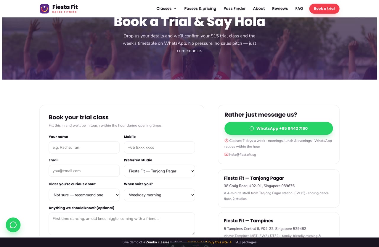Book-a-trial page on the Fiesta Fit demo — a PDPA-aware trial-booking form with studio, class and time
