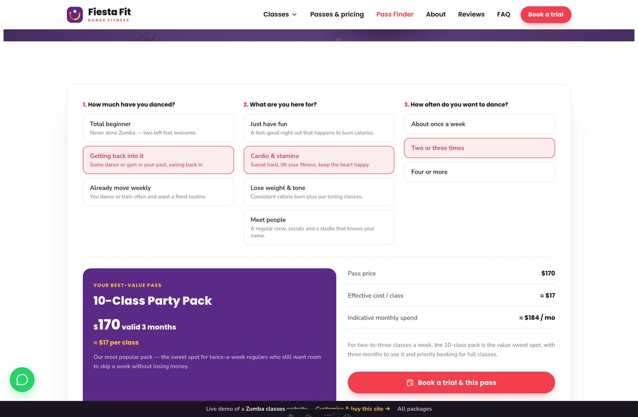 Class Pass Finder result on a Singapore Zumba site — a recommended pass with per-class cost and indicative monthly spend, with a book CTA