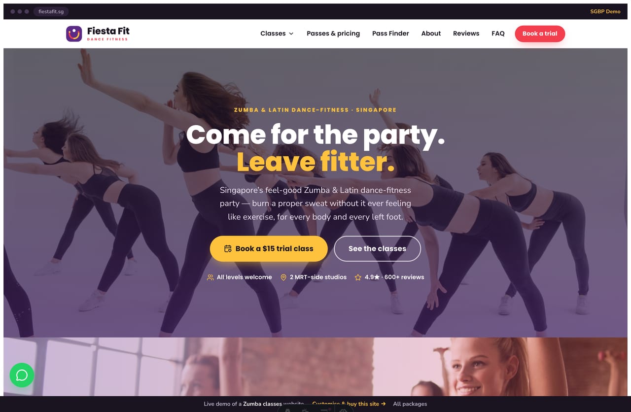 Fiesta Fit Zumba studio Singapore website homepage demo — a coral, purple and gold site with a full-bleed dance-crowd hero and a class pass finder