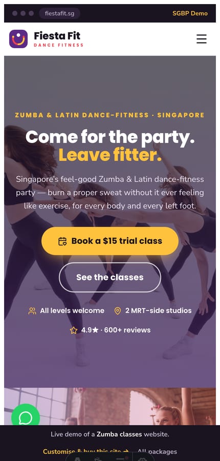 The Fiesta Fit Zumba website on mobile — the full-bleed hero and book-a-trial CTA at 430px