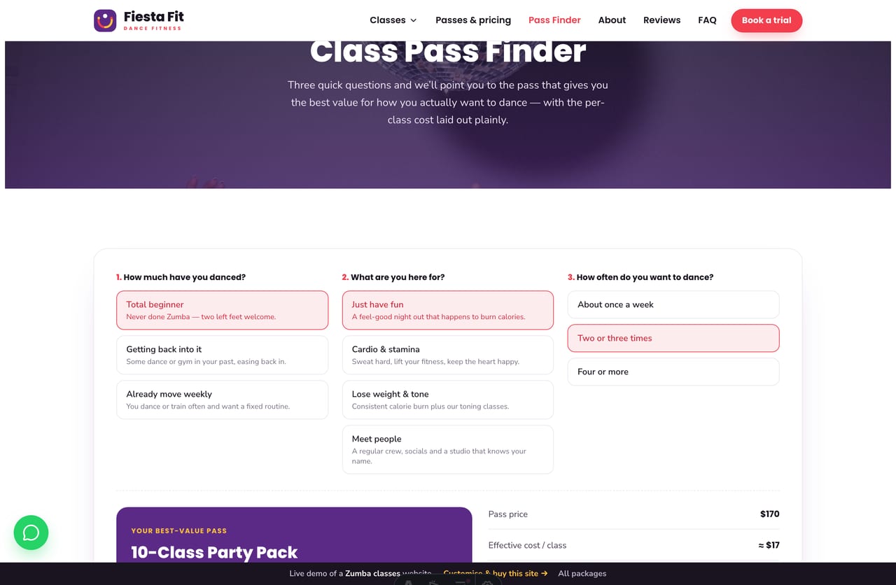 The interactive Class Pass Finder on the Fiesta Fit demo — pick your level, goal and how often you dance to get a recommended pass