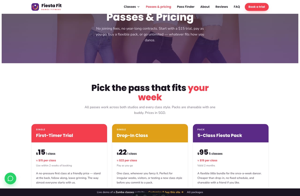 Passes page on the Fiesta Fit demo — trial, drop-in, class packs and unlimited monthly as coloured-header pricing cards