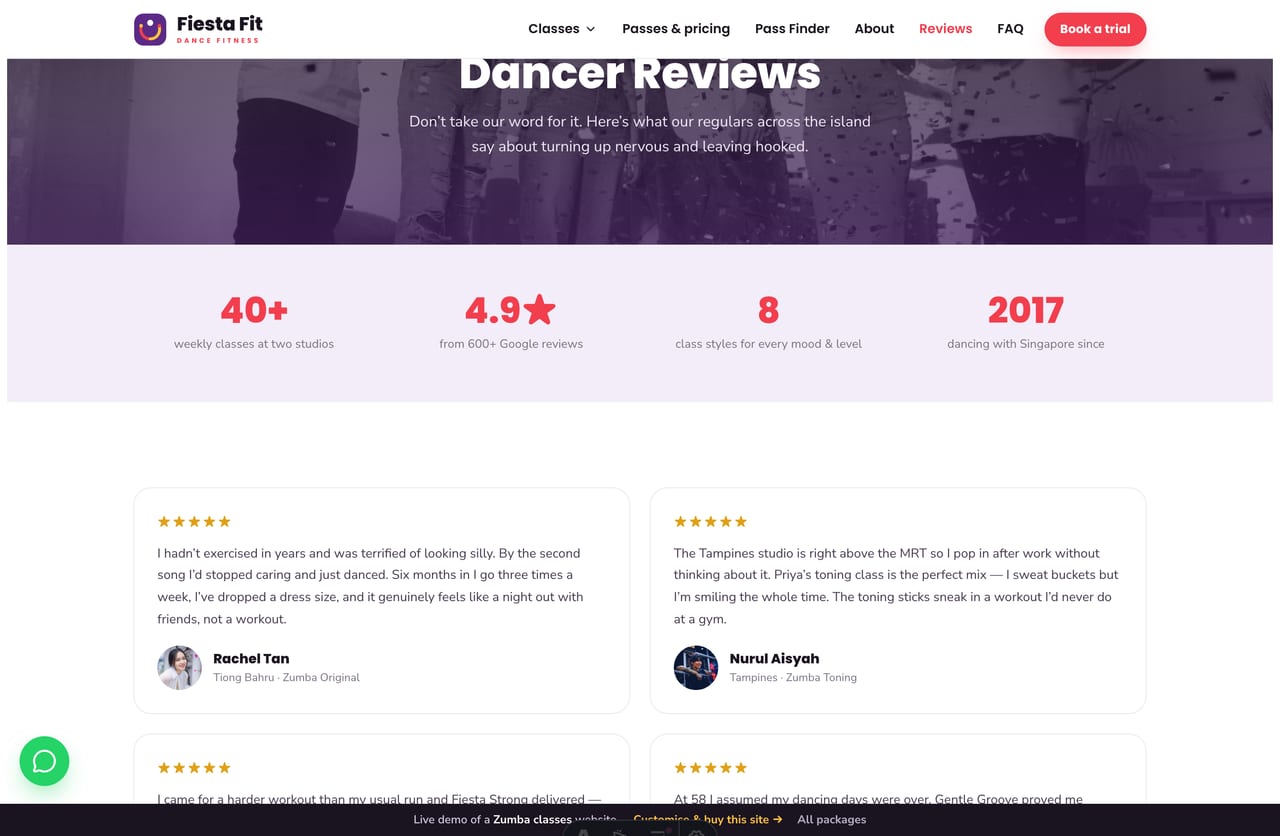 Reviews page on the Fiesta Fit demo — dancer reviews with photos and the class they take