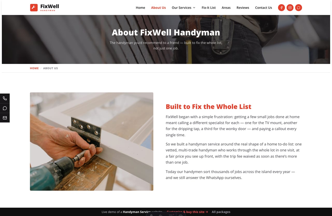 The About page for a Singapore handyman trade — founder story, the team of handymen and the values they stand by
