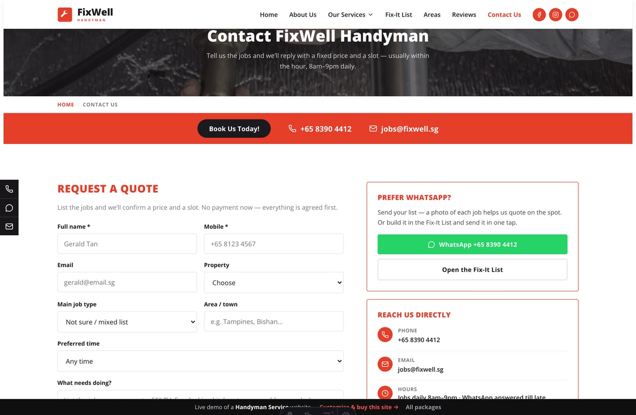 Get-a-price & contact page on the FixWell demo — a PDPA-aware quote-request form with job type, area and time, no cart