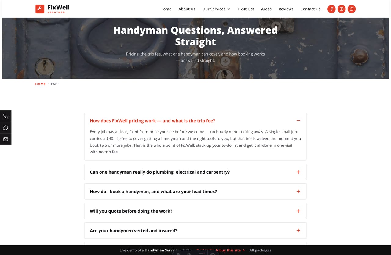 FAQ page on the FixWell demo — an accordion answering common questions about pricing, the trip fee and what a handyman can do