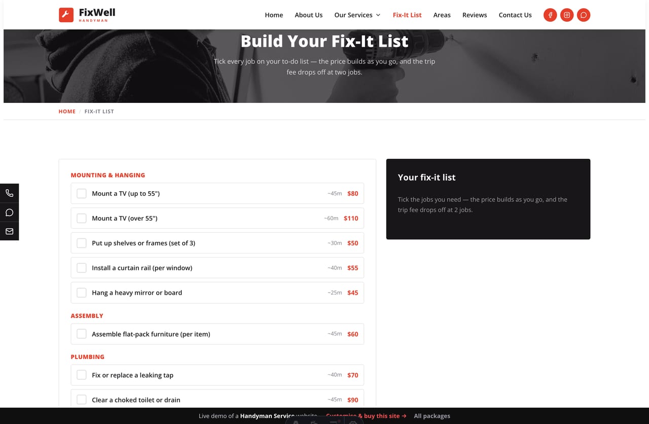 The interactive Fix-It List tool on the FixWell demo — tick multiple handyman jobs to build a running price