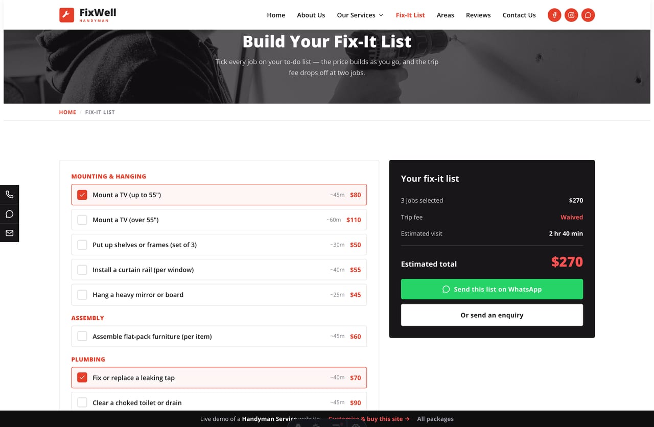 Fix-It List result on a Singapore handyman site — a running subtotal, the trip fee waived at two jobs, an estimated visit time and a WhatsApp CTA