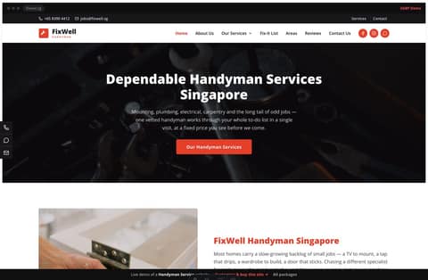 FixWell handyman Singapore website homepage demo — a centered dark-photo hero, bold red layout with a numbers row, a dark bulleted trust band and red-outlined service cards