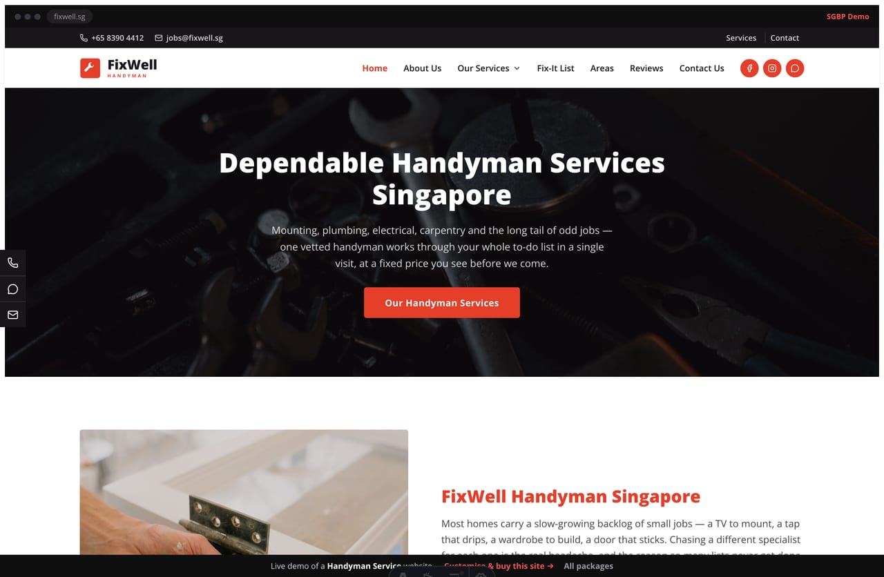 FixWell handyman Singapore website homepage demo — a centered dark-photo hero, bold red layout with a numbers row, a dark bulleted trust band and red-outlined service cards