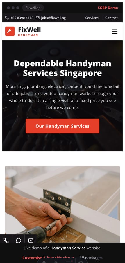 The FixWell handyman website on mobile — centered hero and a sticky fix-it-list CTA at 430px