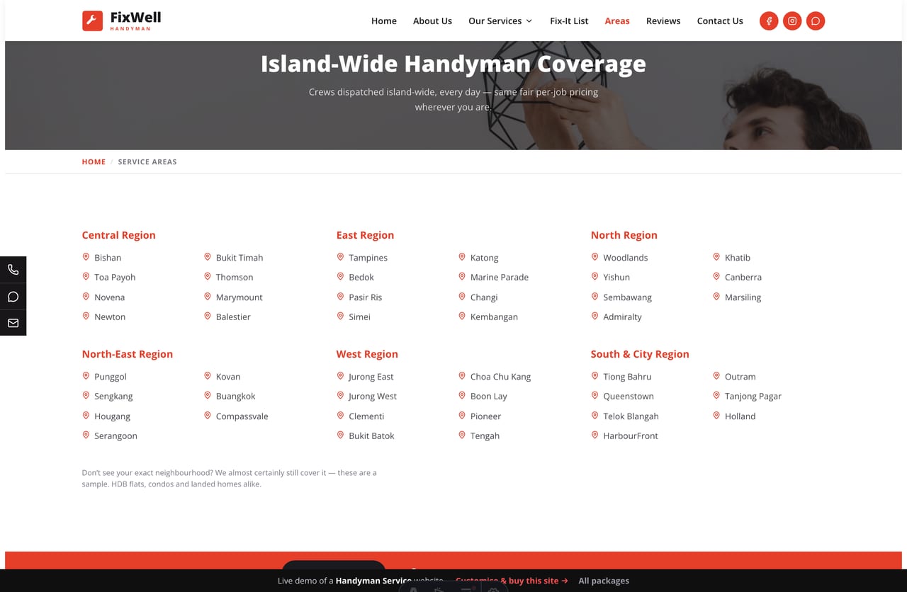 Service-areas page on the FixWell demo — a regional directory of Singapore neighbourhoods served, by region