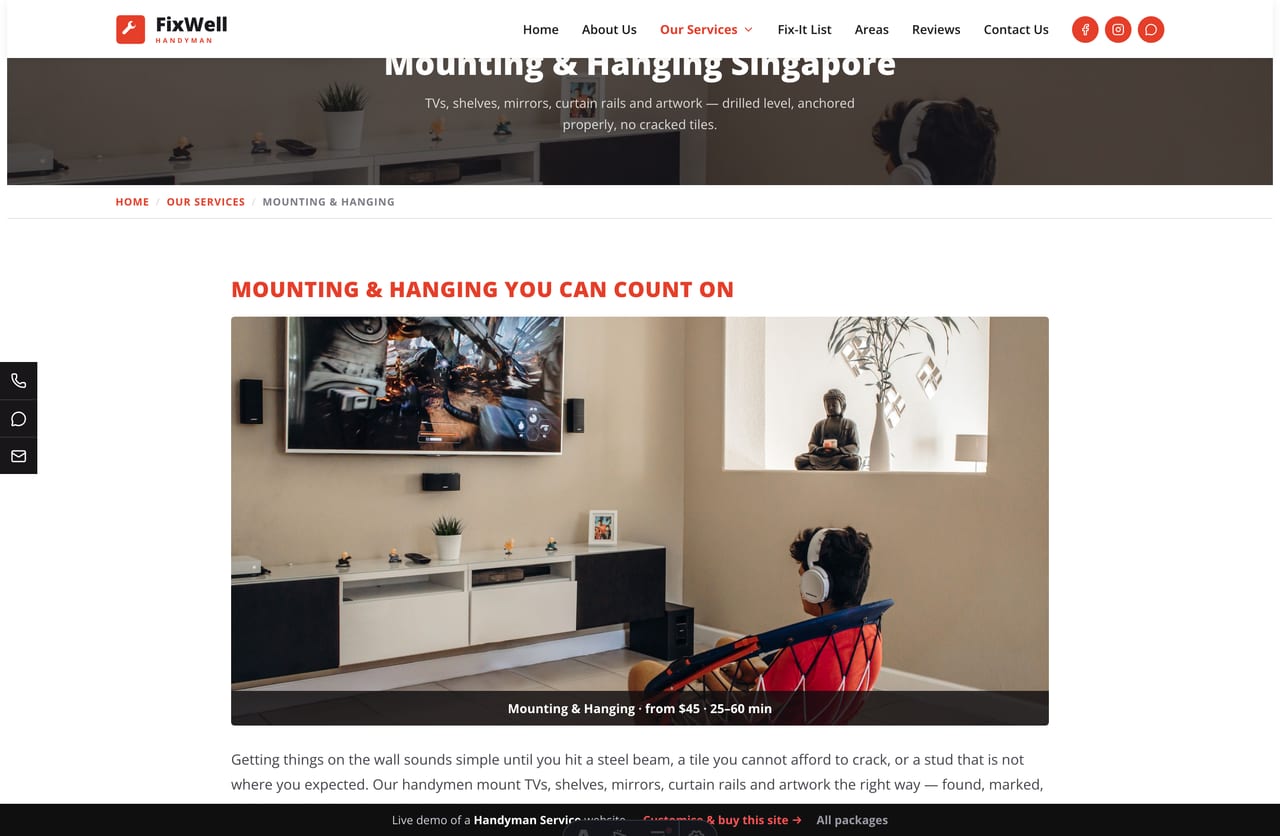 A handyman service detail page on the FixWell demo — hero image, on-site time, from-price, what it includes, typical jobs and a booking CTA
