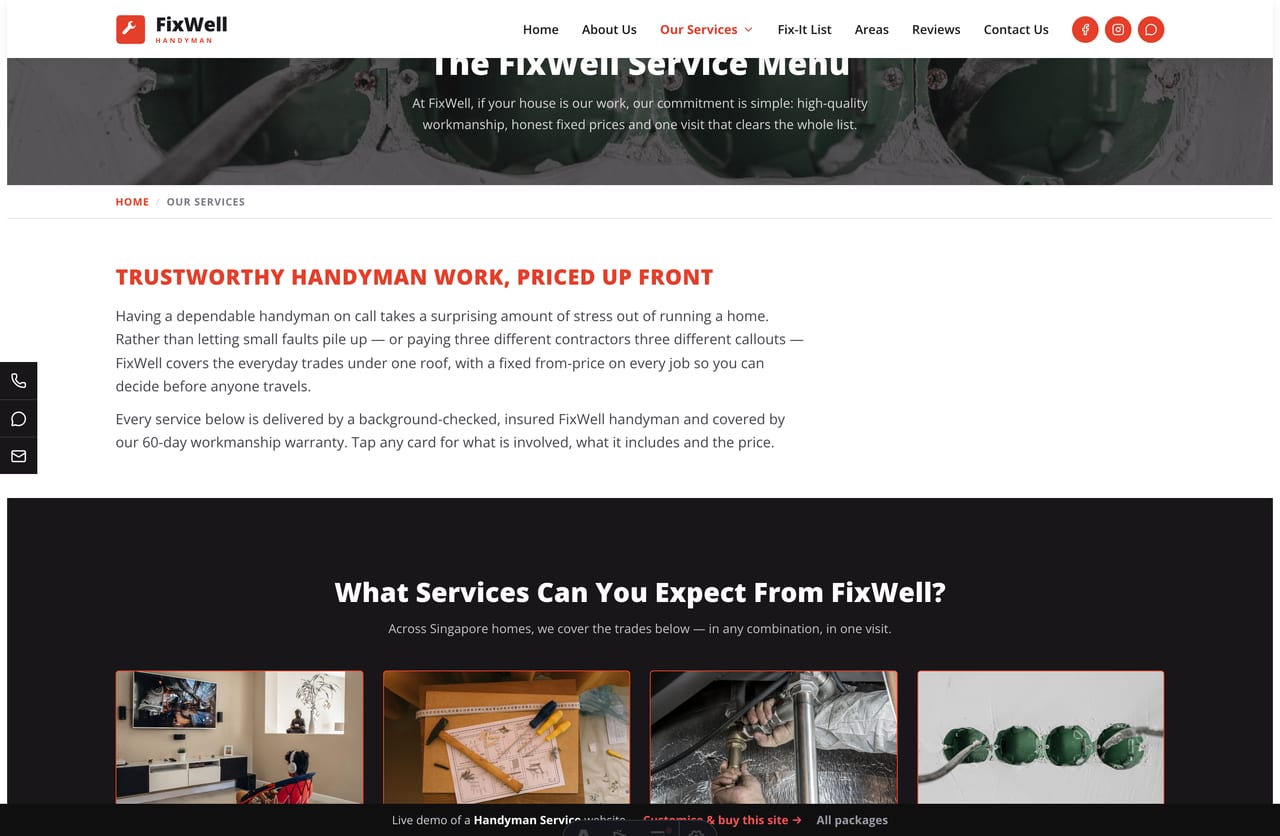 Handyman services menu page on the FixWell demo — mounting, assembly, plumbing, electrical, carpentry and repairs grouped by category