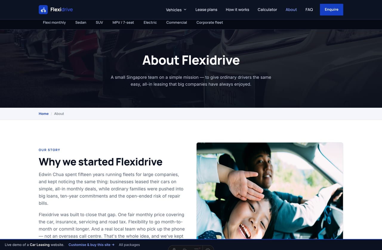 The About page for a Singapore car-leasing company — founder story, a dark stats band and the team