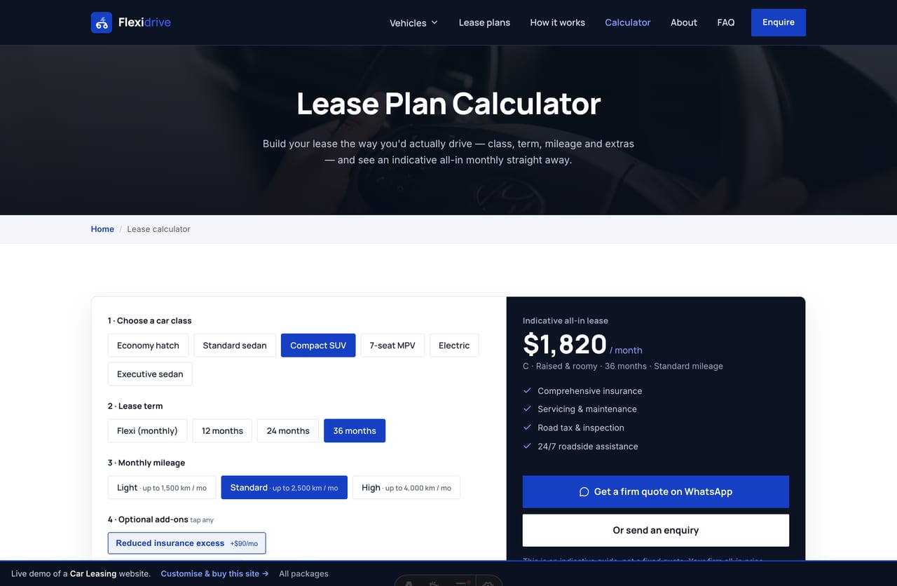 Lease Plan Calculator result on a Singapore car-leasing site — an all-in monthly figure with what is included and a WhatsApp quote CTA