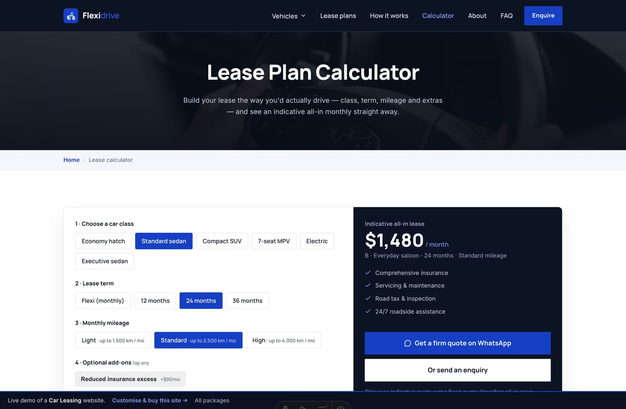 The interactive Lease Plan Calculator on the Flexidrive demo — pick a car class, term and mileage to see an all-in monthly lease price
