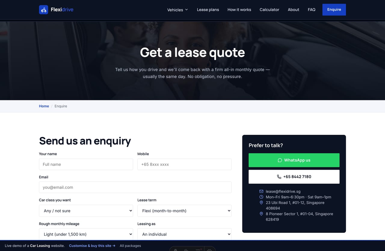 Enquiry page on the Flexidrive demo — a PDPA-aware lease-quote form with car class, term and mileage