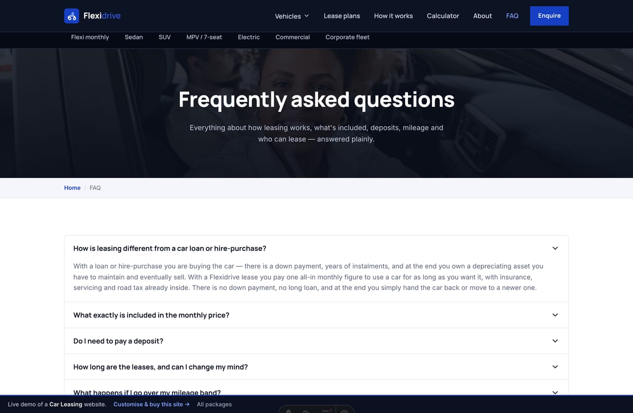 FAQ page on the Flexidrive demo — a clean accordion answering leasing questions