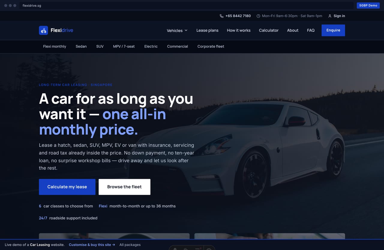 Flexidrive car-leasing Singapore website homepage demo — a dark cobalt-blue corporate site with a theatre hero, car-class cards and a lease calculator