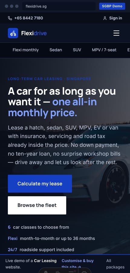 The Flexidrive car-leasing website on mobile — the dark theatre hero and calculate-my-lease CTA at 430px