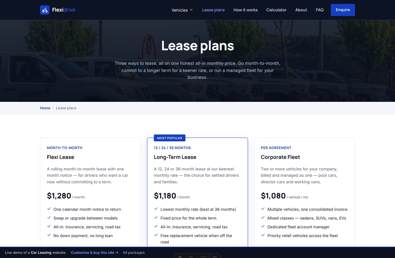 Lease plans page on the Flexidrive demo — Flexi, Long-Term and Corporate Fleet plan cards with all-in monthly prices