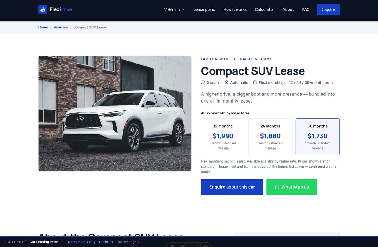 A vehicle detail page on the Flexidrive demo — a car photo with a term-tier monthly pricing row (12 / 24 / 36 months)