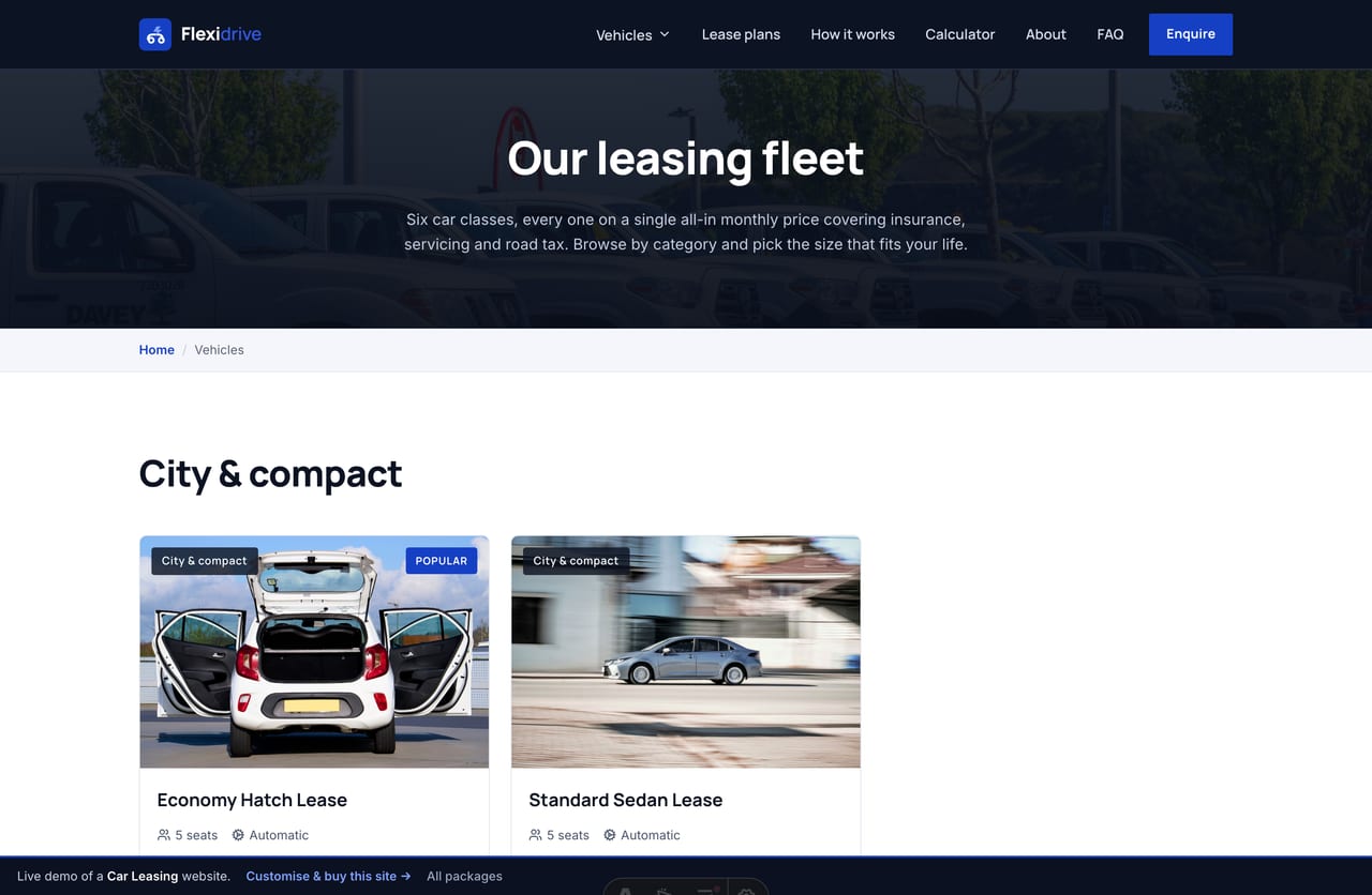 Vehicles page on the Flexidrive demo — economy hatch, sedan, SUV, MPV, EV and executive classes as clean cards by category